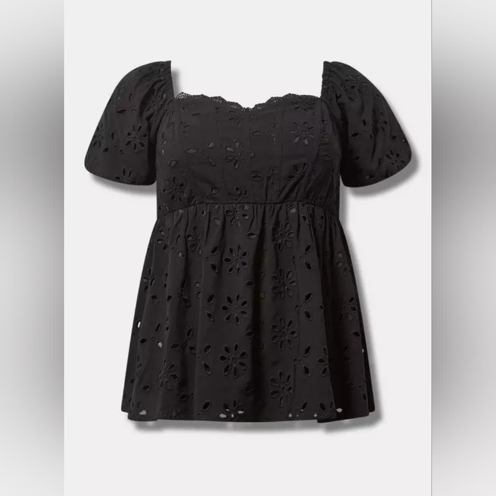 NWT TORRID Babydoll Eyelet Challis Black Short Sleeve Blouse Size 1X 14-16 - Picture 2 of 16